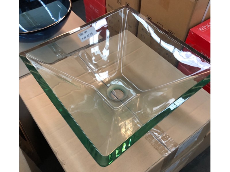 BASIN - SQUARE ABOVE COUNTER CLEAR GLASS BASIN 420X420MM #M-G201 12MM THICK