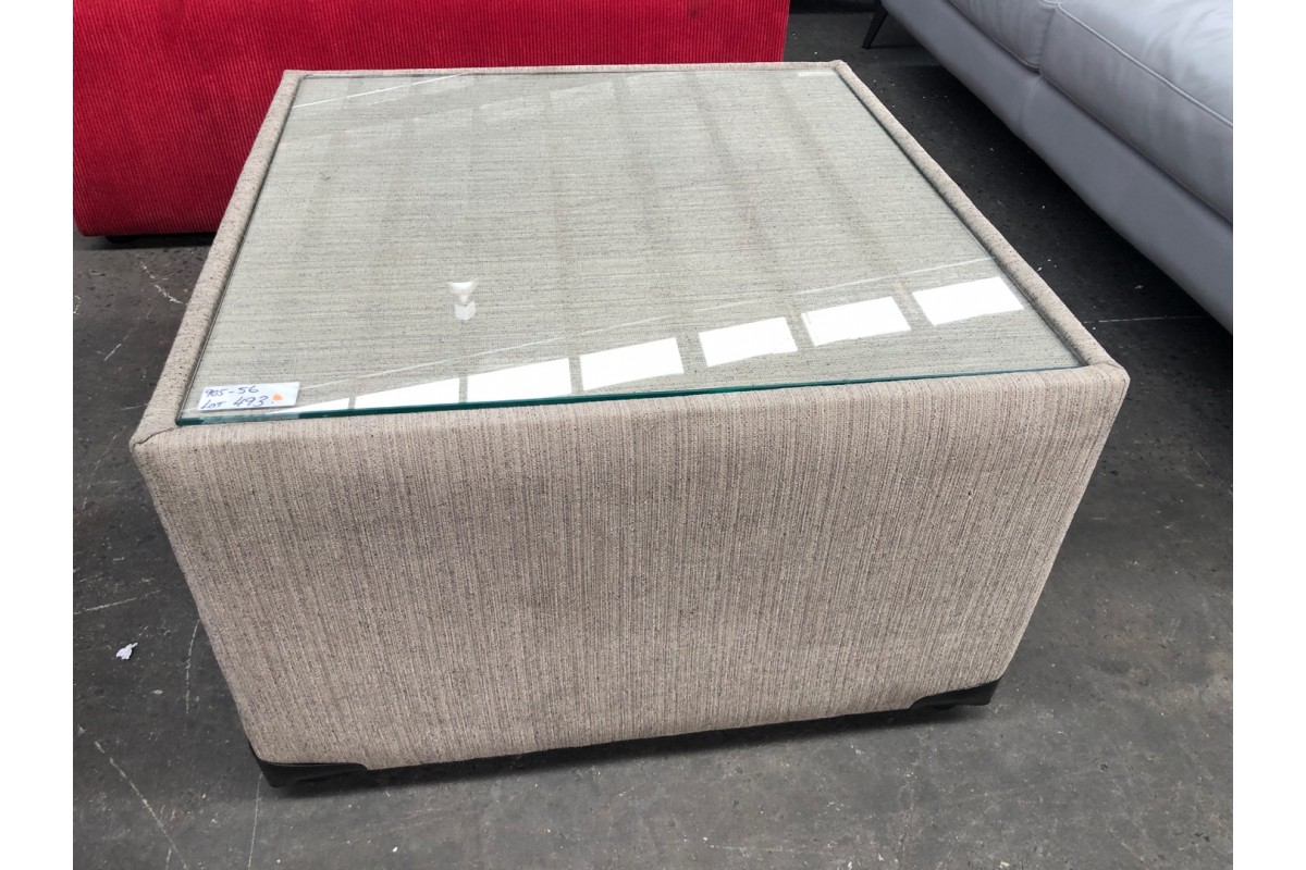 Small Beige Fabric Coffee Table With Glass Top