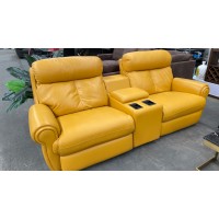 ASHER LEATHER 2.5 SEATER ELECTRIC BACK RECLINING LOUNGE WITH SMART HOME THEATRE CONSOLE - PREMIUM MUSTARD (RRP$3900)  (factory 2nd)