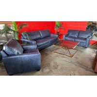 CHESTER LEATHER LOUNGE SUITE 3+2+1 SEATER - SCOTLAND PACIFIC BLUE (RRP$7080) 