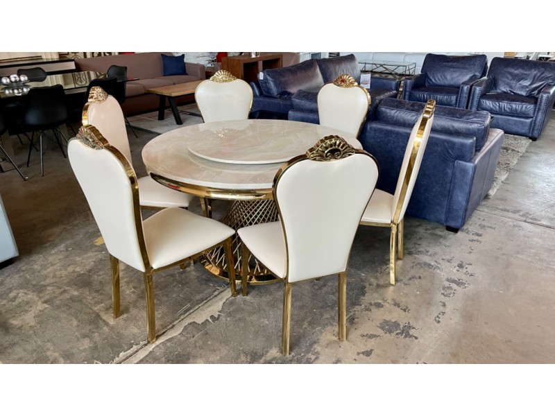 7 PIECE ROUND GOLD TRIM MARBLE TOP DINING SUITE WITH LAZY SUSAN