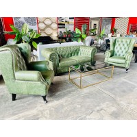 BAILEY LEATHER CHESTERFIELD STYLE FULL LEATHER LOUNGE SUITE - 1 X 2 SEATER + 2 X WING CHAIRS - SCOTLAND GREEN RRP$8550 