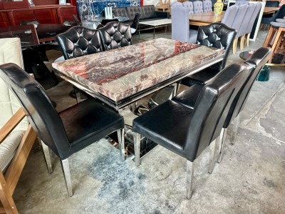 7 PIECE DINING SET - MARBLE TABLE WITH CHAIRS IN BLACK