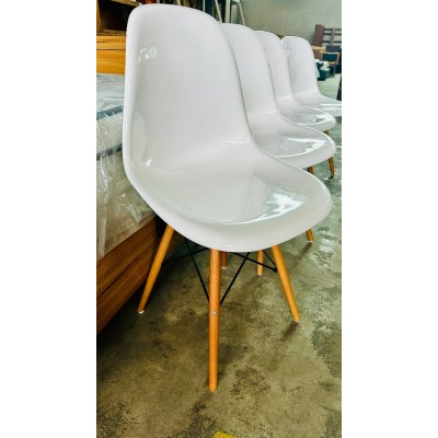 SET OF 4 WHITE POLY WITH TIMBER LEG DINING CHAIRS