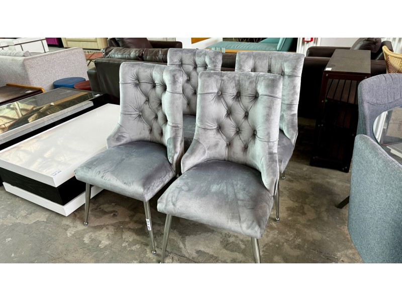 SET OF 4 X DAILEY GREY VELVET DINING CHAIRS WITH SILVER LEG