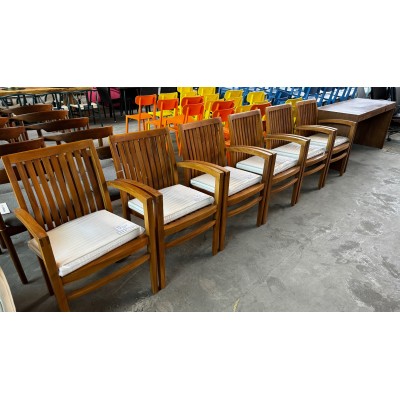 SET OF 6 TEAK OUTDOOR DINING ARM CHAIRS WITH CUSHIONS