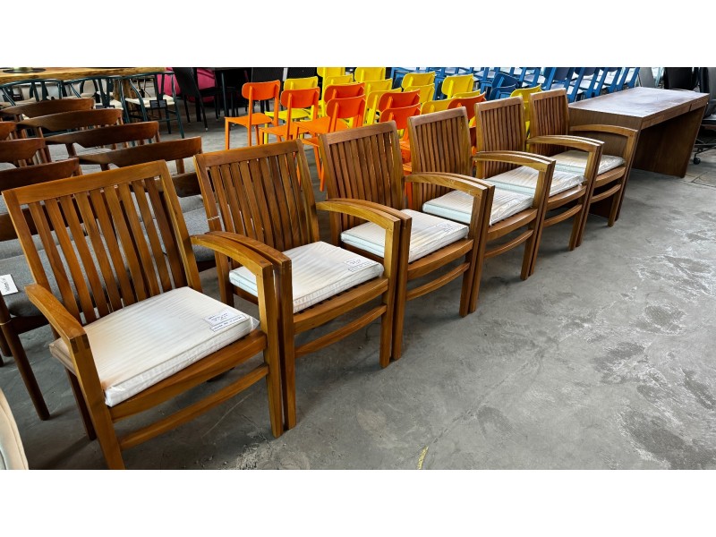 SET OF 6 TEAK OUTDOOR DINING ARM CHAIRS WITH CUSHIONS