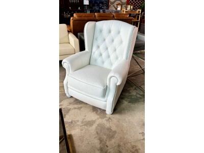 HEIRLOOM CHESTERFIELD STYLE WHITE LEATHER WING CHAIR - VILLA GLACIER - RRP$1740 