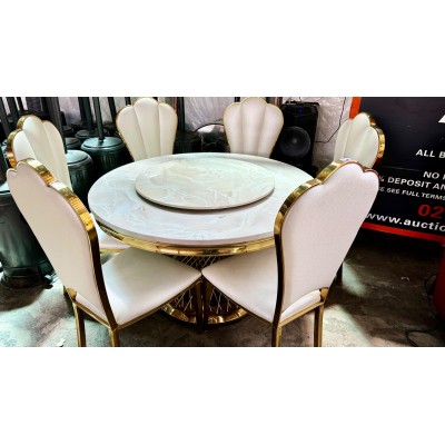 ROUND GOLD 7 PIECE DINING SUITE WITH LAZY SUSAN - MINOR IMPERFECTION ON TOP OF TABLE
