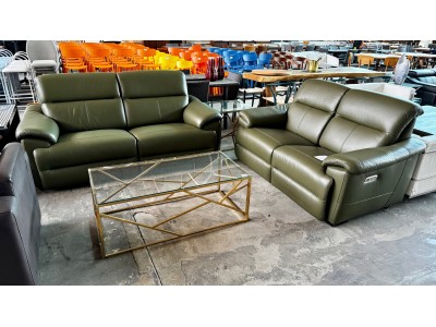 MAINE 2.5 SEATER + 2 SEATER LEATHER ELECTRIC RECLINING LOUNGE SUITE - PREMIUM OLIVE - RRP$7400 