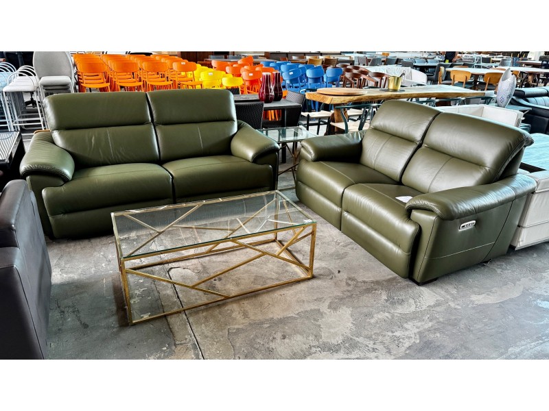 MAINE 2.5 SEATER + 2 SEATER LEATHER ELECTRIC RECLINING LOUNGE SUITE - PREMIUM OLIVE - RRP$7400 