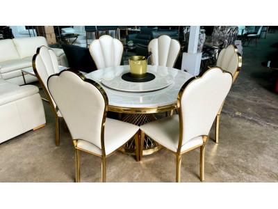 Round gold framed marble resin  7 piece dining suite 