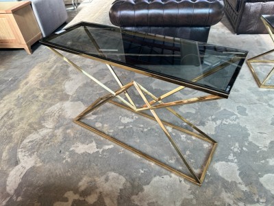 Pyramid Duo console table smoked glass and gold frame