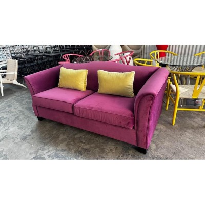 2 SEATER PURPLE FABRIC LOUNGE WITH 2 X YELLOW CUSHIONS