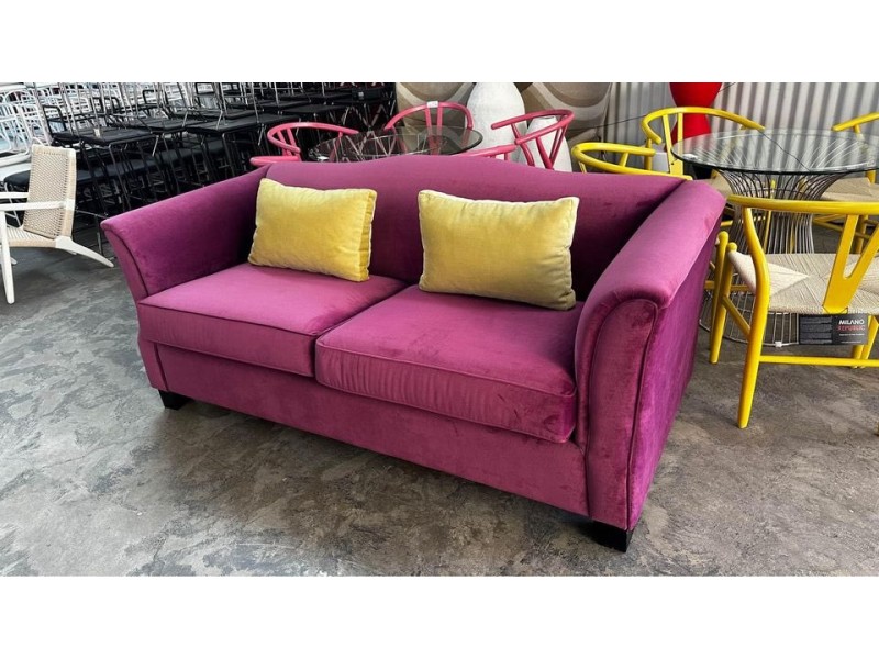 2 SEATER PURPLE FABRIC LOUNGE WITH 2 X YELLOW CUSHIONS