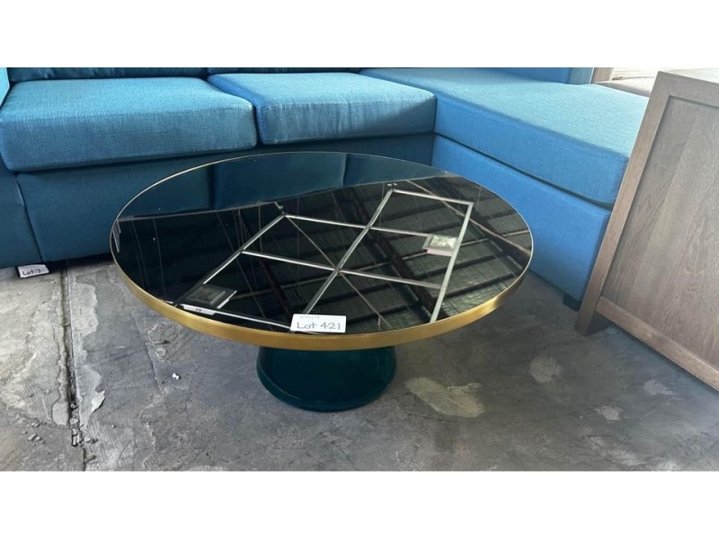 BELLE COFFEE TABLE - GOLD WITH DARK BLUE GLASS BASE