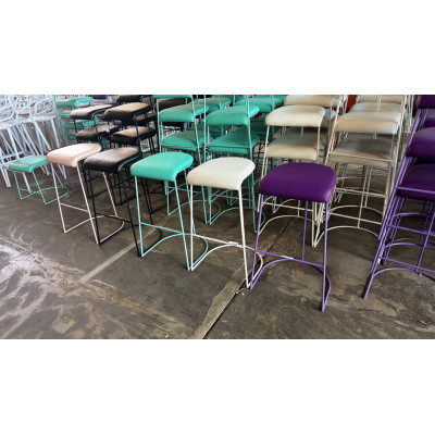 METAL FRAME BAR STOOL WITH VINYL CUSHION AND PVC BASE- 75CM HIGH IN GREEN, WHITE, BLACK & PURPLE