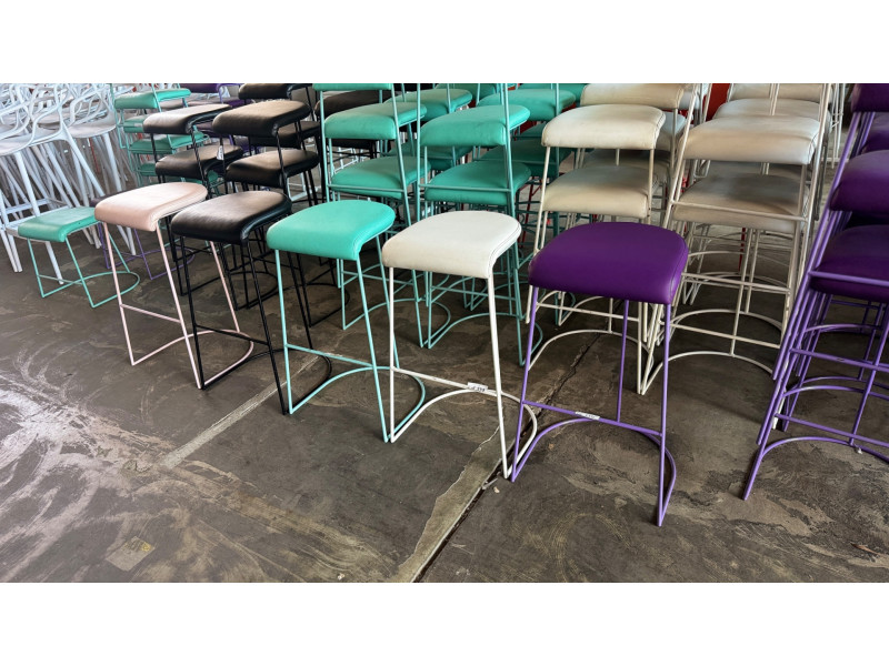 METAL FRAME BAR STOOL WITH VINYL CUSHION AND PVC BASE- 75CM HIGH IN GREEN, WHITE, BLACK & PURPLE