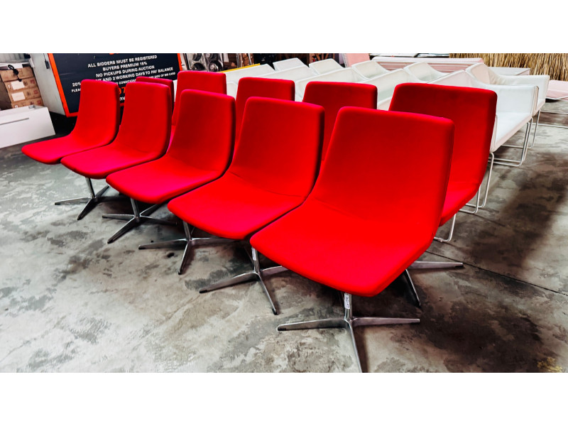 RED FABRIC BOARDROOM / CLIENT CHAIRS CHROME SWIVEL BASE WITH WIDE COMFORT SEATING