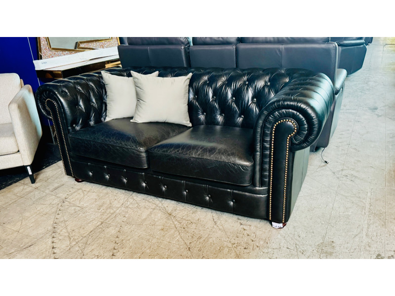 BAILEY 2 SEATER LEATHER CHESTERFIELD STYLE LOUNGE - SCOTLAND BLACKWOOD - RRP$3050 