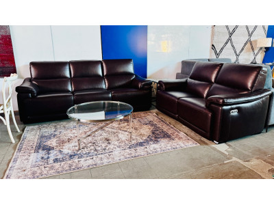 BURTON LEATHER LOUNGE SUITE 3 + 2  SEATER ALL ELECTRIC RECLINING - GREENWICH WALNUT RRP $9509