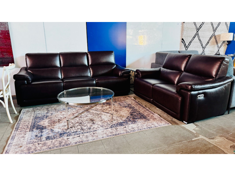 BURTON LEATHER LOUNGE SUITE 3 + 2  SEATER ALL ELECTRIC RECLINING - GREENWICH WALNUT RRP $9509