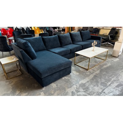 Dark Navy Blue 5 seater sofa with chaise in velvet fabric 