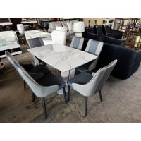 7 PIECE DINING SUITE - GREY MARBLE LOOK TABLE & 6 BLUE/GREY CHAIRS