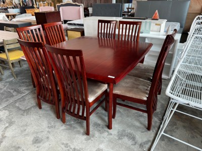 ARDOSS 9 PIECE SOLID OAK  MAHOGANY STAIN DINING SUITE 1500X1500 - SOLD AS IS