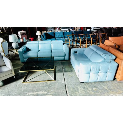 BANFIELD 3 + 2 SEATER ELECTRIC RECINING LEATHER LOUNGE SUITE - VILLA MORNING FOG - RRP$8270 (2111C096) #002-003-26-03-24 - TESTED -