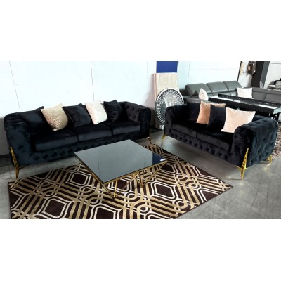 MATRIX 3+2 SEAT SOFA SET IN BLACK VELVET WITH GOLD LEGS AND THROW CUSHIONS 
