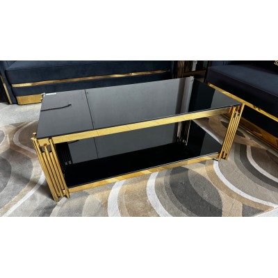 Brooklyn black glass top coffee table with gold frame and under shelf 
