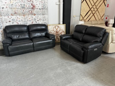 FELIX LEATHER LOUNGE SUITE 2.5 + 2 SEATER ELECTIC RECLINING - GREENWICH CHARCOAL RRP$8400