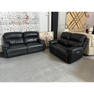 FELIX LEATHER LOUNGE SUITE 2.5 + 2 SEATER ELECTIC RECLINING - GREENWICH CHARCOAL RRP$8400