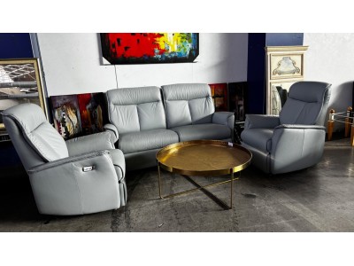 TRENTO LEATHER LOUNGE SUITE 2.5 SEATER + 2 SINGLE RECLINERS - ALL ELECTRIC - VILLA MORNING FOG - RRP$5900 