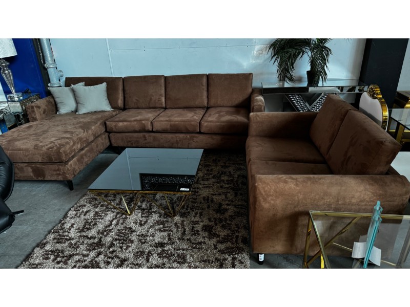 CHOCOLATE MICROSUEDE LOUNGE SUITE - 3 SEATER & CHAISE + 2 SEATER