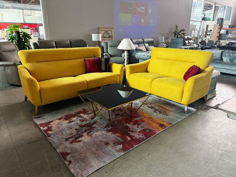 MUSTARD FABRIC LOUNGE SUITE 2.5 + 2 SEATER (N237P) 011-12-08-24