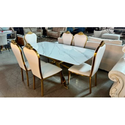 MARBLE LOOK GLASS DINING TABLE WITH GOLD FRAME& 6 CHAIRS