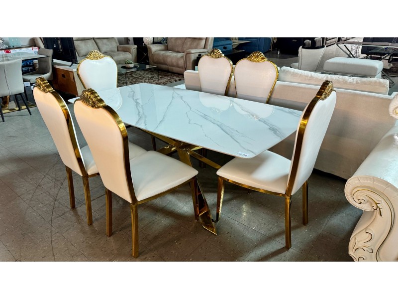 MARBLE LOOK GLASS DINING TABLE WITH GOLD FRAME& 6 CHAIRS