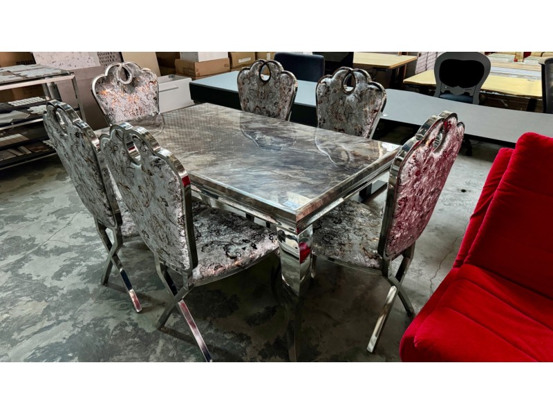 7 PIECE DINING SUITE - GREY MARBLE TABLE WITH 6 GREY/CHROME CHAIRS