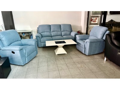 SUTTON FABRIC LOUNGE SUITE - 3 SEATER PLUS 2 SINGLE RECLINERS - MENDOZA SKY - RRP$4800 (2403C041) 008-009-010-09-08-24