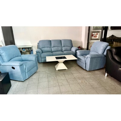 SUTTON FABRIC LOUNGE SUITE - 3 SEATER PLUS 2 SINGLE RECLINERS - MENDOZA SKY - RRP$4800 (2403C041) 008-009-010-09-08-24