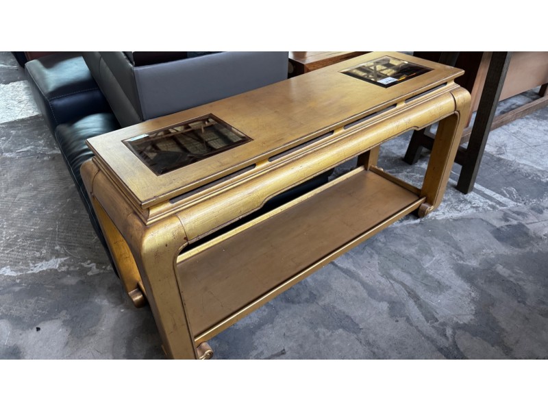 GOLD CONSOLE TABLE WITH GLASS INSERTS