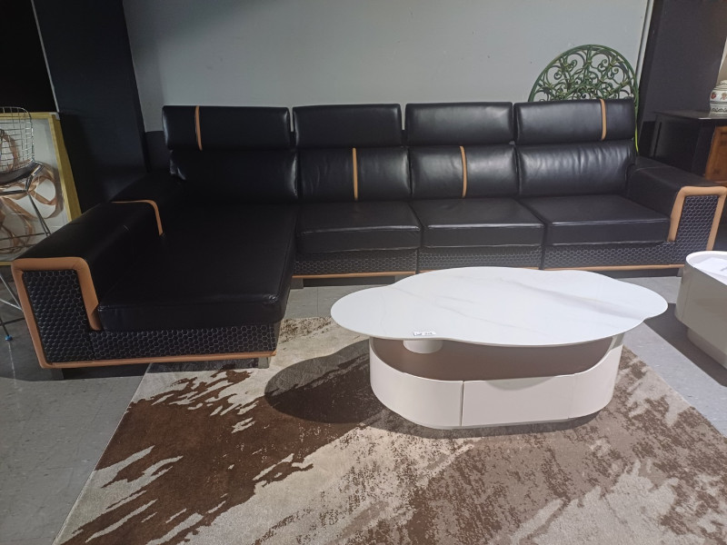 BLACK BONDED LEATHER LOUNGE WITH CHAISE