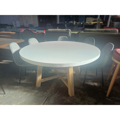 WHITE 1500MM ROUND CEMENT DINING TABLE WITH TIMBER BASE