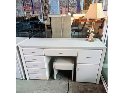 UPHOLSTERED DRESSING TABLE 7 DRAWERS/1 DOOR & STOOL (#D5) - SOLD AS IS - SOME MARKS ON EDGES