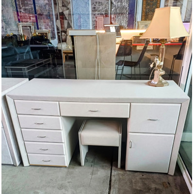 UPHOLSTERED DRESSING TABLE 7 DRAWERS/1 DOOR & STOOL (#D5) - SOLD AS IS - SOME MARKS ON EDGES
