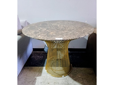 1 METRE ROUND BROWN MARBLE TOP TABLE WITH GOLD BASE