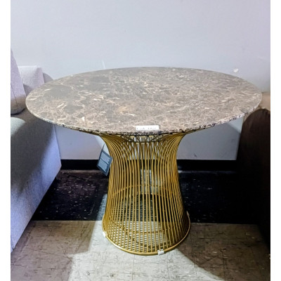 1 METRE ROUND BROWN MARBLE TOP TABLE WITH GOLD BASE