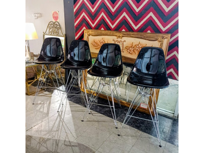SET OF 4 EAMES REPLICA BAR STOOLS IN GLOSS BLACK WITH CHROME FRAME 65CM SEAT HEIGHT